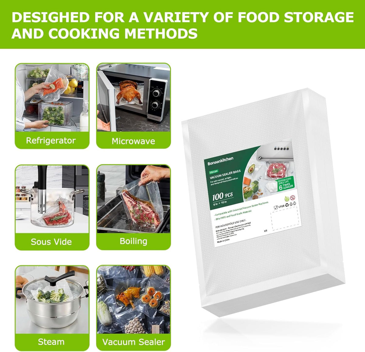 Precut Vacuum Food Sealer Bags 100 Pint 6" X 10", BPA Free, Commercial Grade Textured Food Vacuum Sealer Bag, Thick Embossed Bags for Food Storage and Sous Vide Cooking VB3204