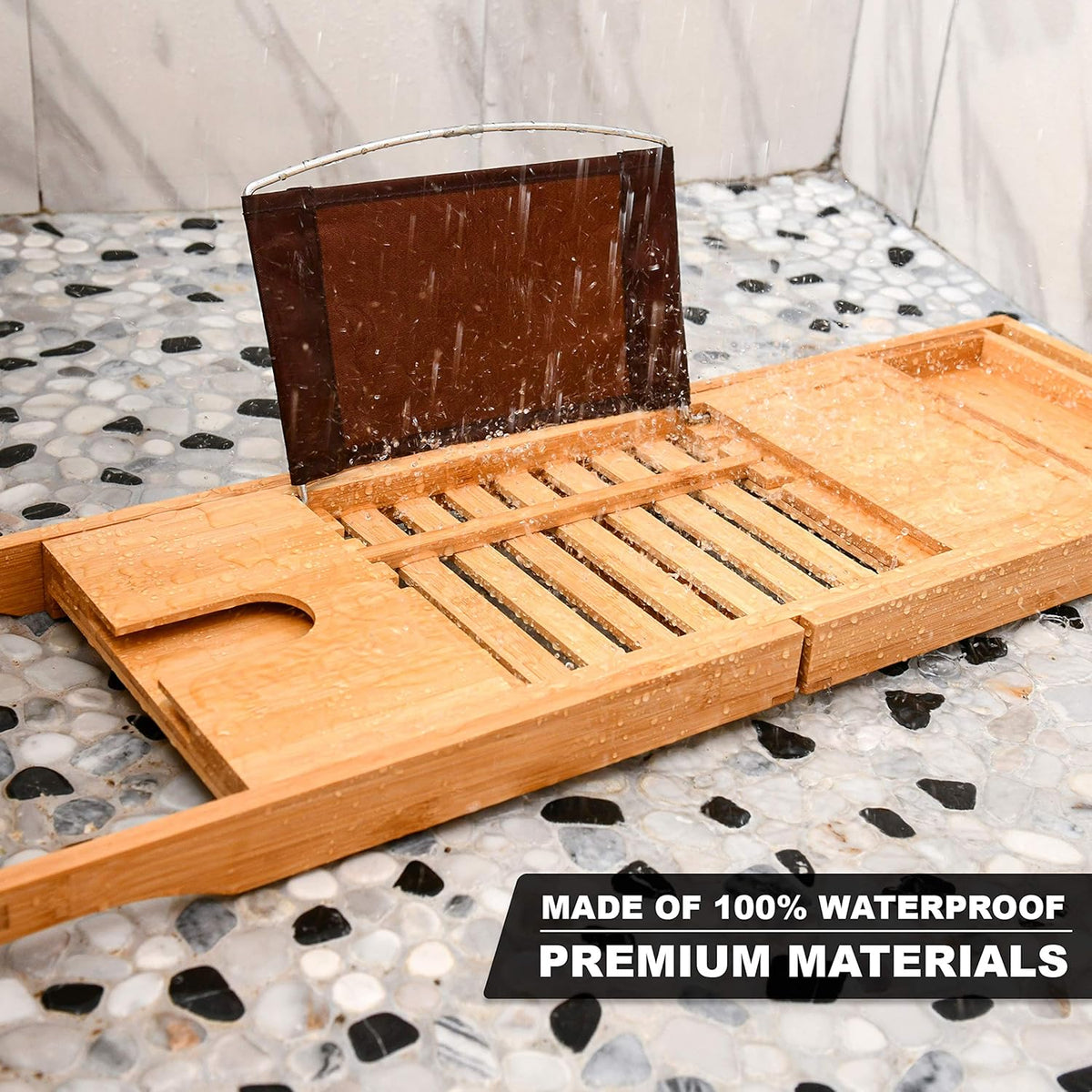 Bamboo Bathtub Tray - Expandable Bathroom Bathtub Table Tray with Reading Rack or Tablet Holder - Bath Tray with Wine Glass Holder, Bathroom Caddy, Fits All Bathtubs (Natural Bamboo)
