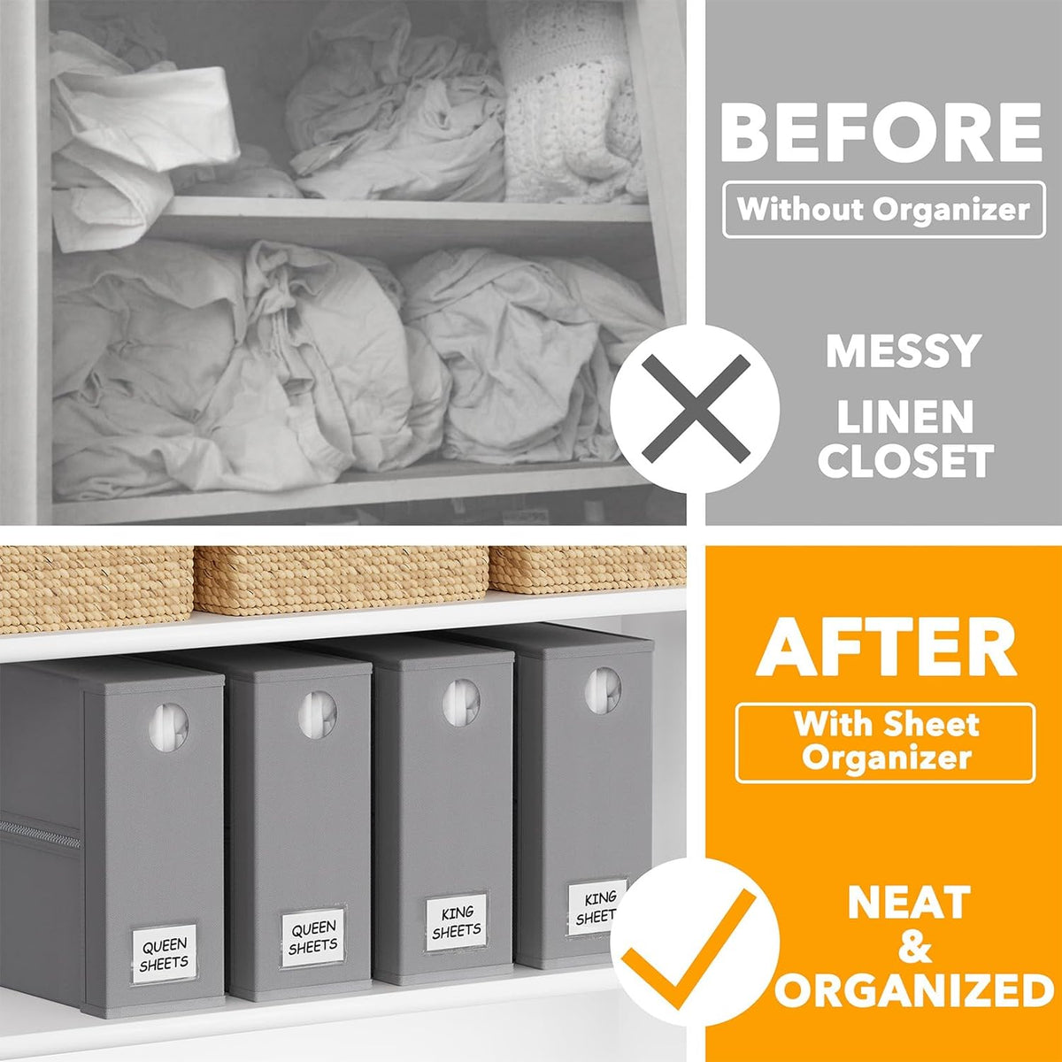 4 Pack Bed Sheet Organizers and Storage, Foldable Organizer for Linen Closet, Sheets Set Folder Keeper with Window XL (Queen & King Size) Organizing Bedding Container, Gray (91ZDSN-SL01-G4)