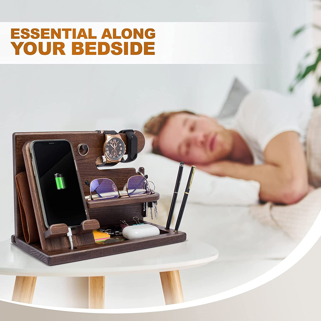 Wood Phone Docking Station for Men - Desk or Nightstand Organizer - Birthday Gifts for Husband, Dad - Anniversary Idea from Wife - Key Holder, Stand Wallet, Watch & Essentials (Bourbon Brown)