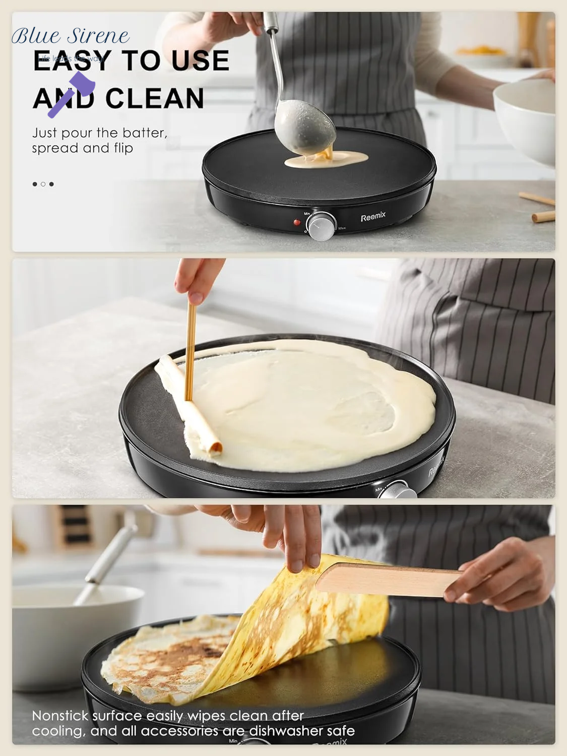 Crepe Maker Machine, Reemix Nonstick 12” Electric Griddle, Compact Pancake Griddle Precise Temperature Control, Batter Spreader for Eggs, Pancakes, Includes Spatula, Spreader（Black）