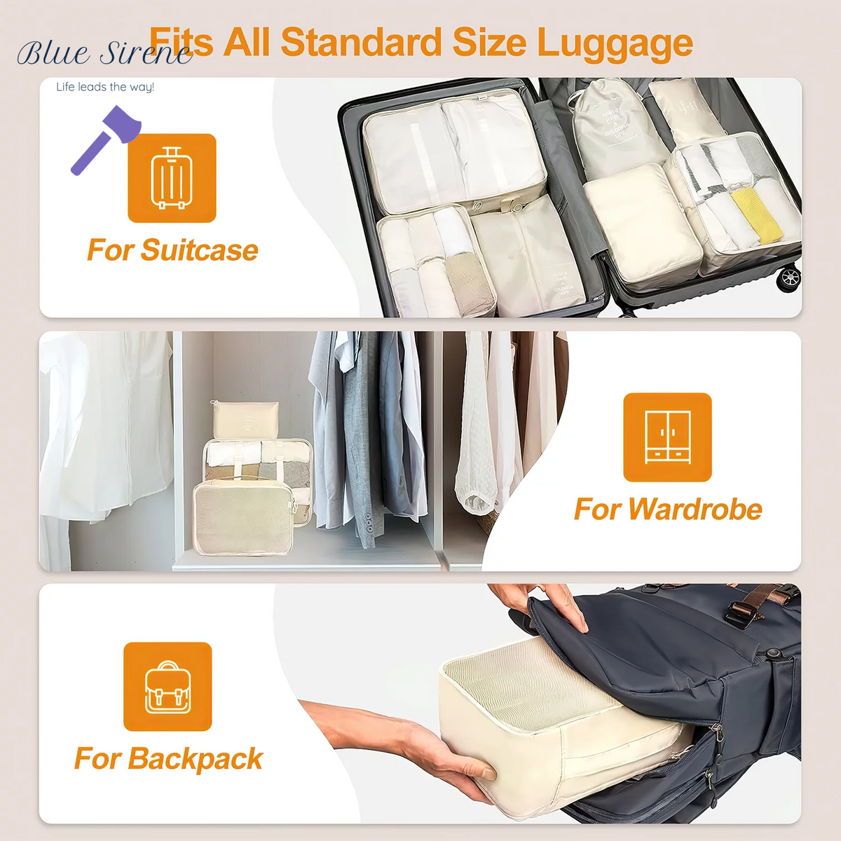 Packing Cubes 9 Set, Travel Packing Organizers with Large Toiletries Bag for Clothes Shoes, Beige