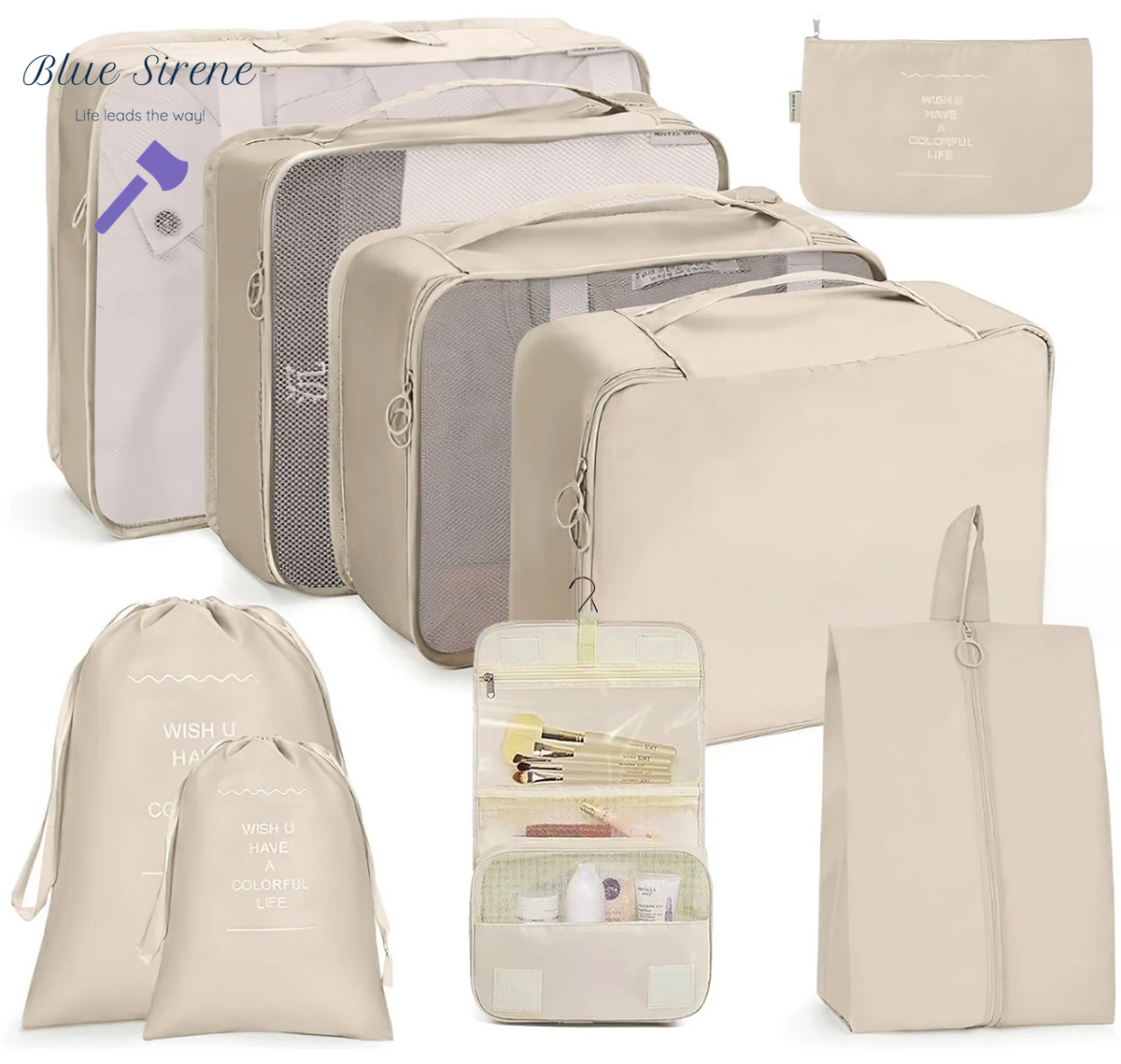 Packing Cubes 9 Set, Travel Packing Organizers with Large Toiletries Bag for Clothes Shoes, Beige