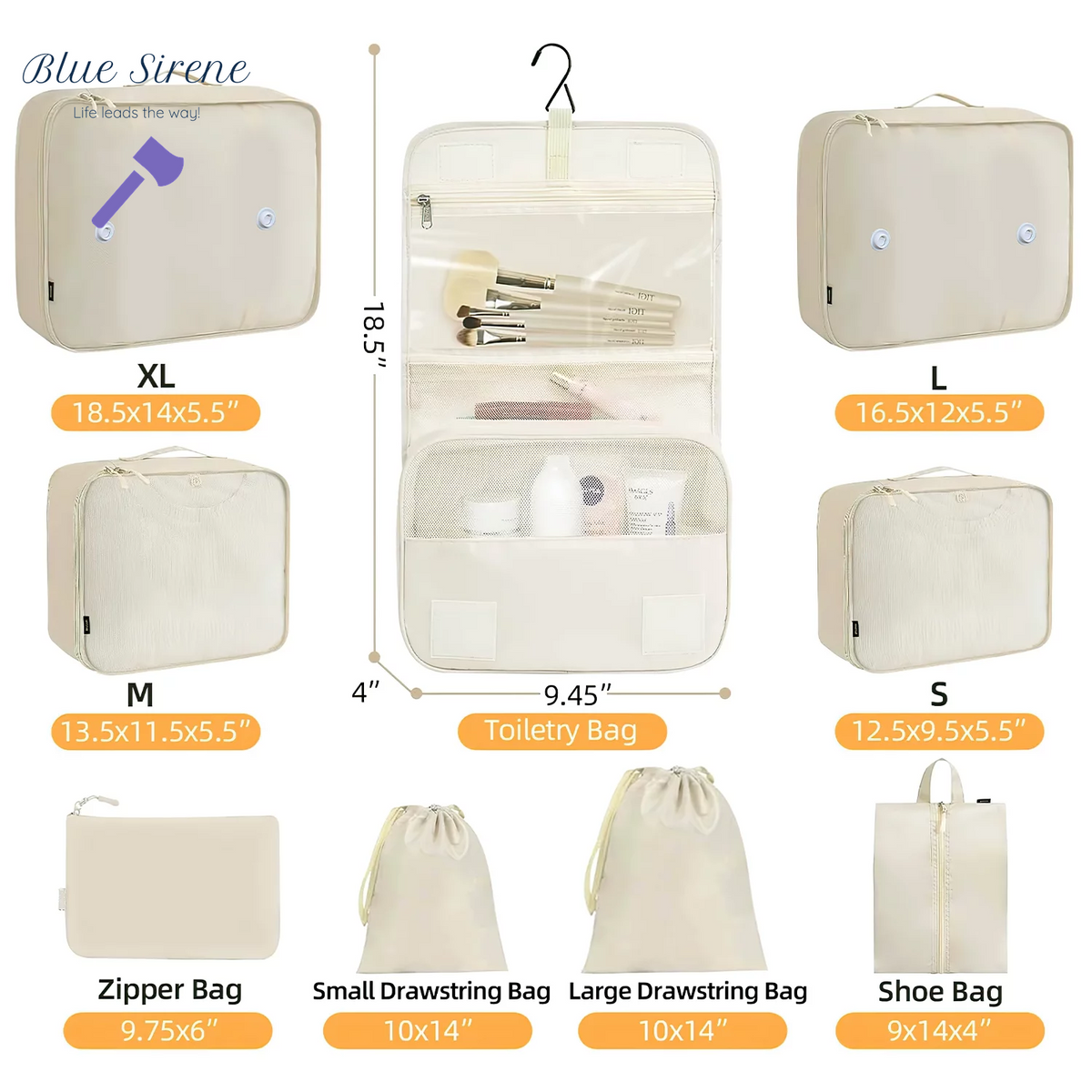 Packing Cubes 9 Set, Travel Packing Organizers with Large Toiletries Bag for Clothes Shoes, Beige