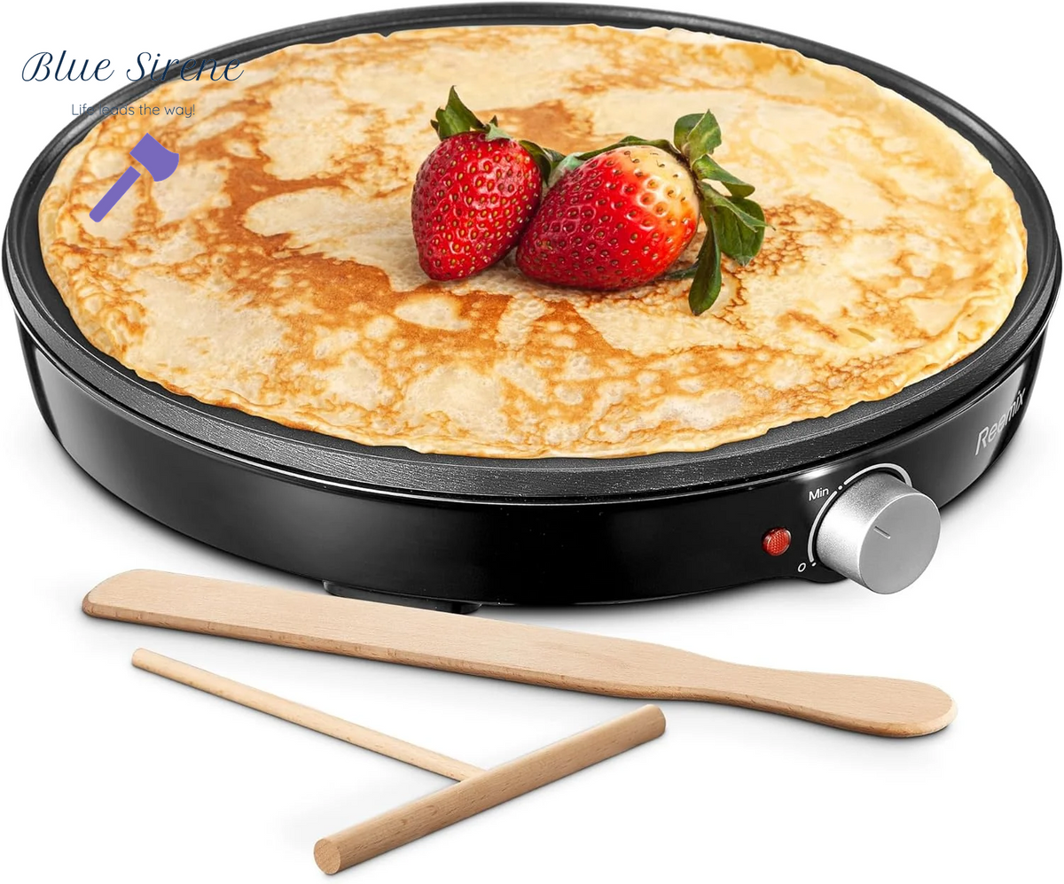 Crepe Maker Machine, Reemix Nonstick 12” Electric Griddle, Compact Pancake Griddle Precise Temperature Control, Batter Spreader for Eggs, Pancakes, Includes Spatula, Spreader（Black）